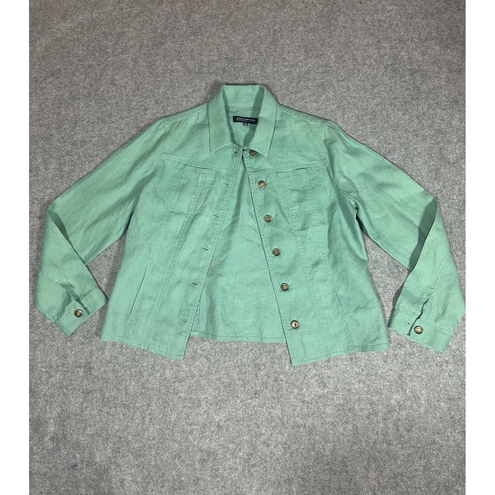 Jones New York Signature Petite Jacket PM Green Linen Blend Button Front